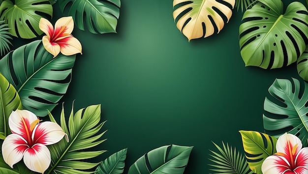 Bannière de feuilles tropicales, plantes de jungle verte et fleurs exotiques