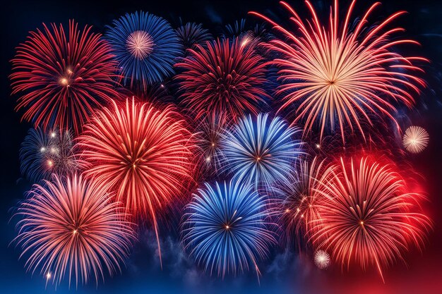 Une bannière de feux d'artifice colorée avec des étincelles rouges, bleues et blanches