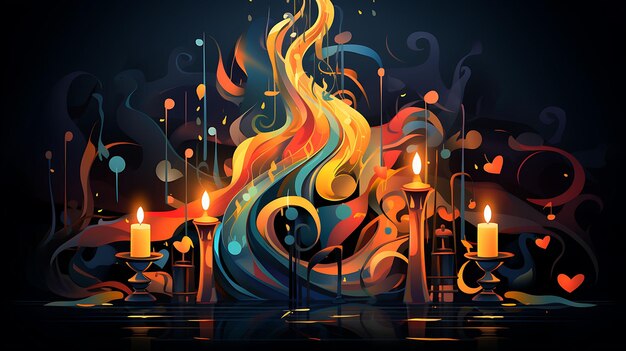 Photo bannière de flammes de bougies entrelacées avec des notes de musique et des instruments candlesmas dessins plats 2d