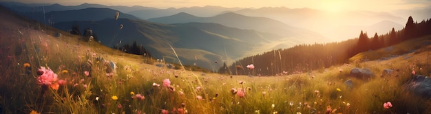 Bannière Fleurs sauvages lumineuses sur fond de montagnes au soleil Générer Ai