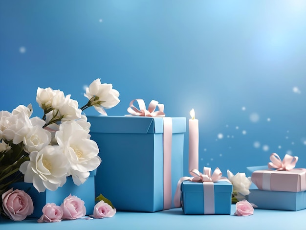 Bannière de fond de célébrations de couleur bleue avec fond d'espace de copie avec des fleurs et des coffrets cadeaux pour une campagne de vente