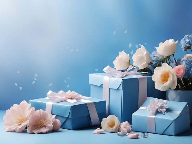 Bannière de fond de célébrations de couleur bleue avec fond d'espace de copie avec des fleurs et des coffrets cadeaux pour une campagne de vente
