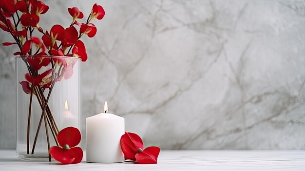 Photo bannière de fond du jour de la saint-valentin avec espace de copie fleurs et bougies concept d'amour romantique