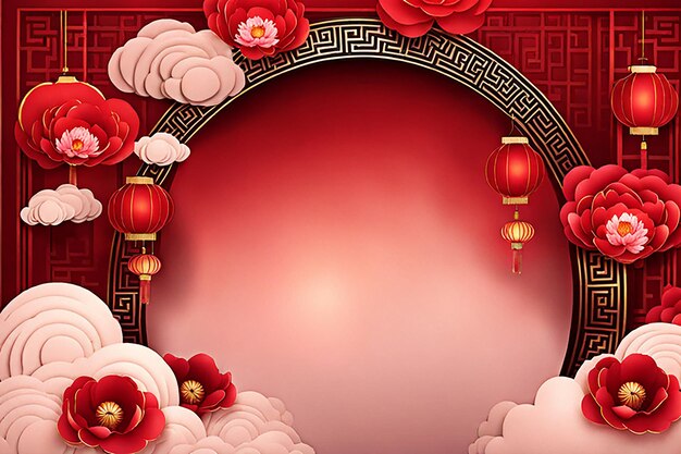 Bannière de fond du Nouvel An chinois avec des lanternes en papier chinoises et des fleurs de pêche