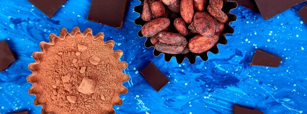 Bannière de fond de fèves de cacao sur tableau bleu.