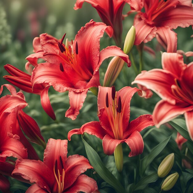 Bannière de fond de fleurs gros plan de belle lilly rouge en fleurs dans le champ