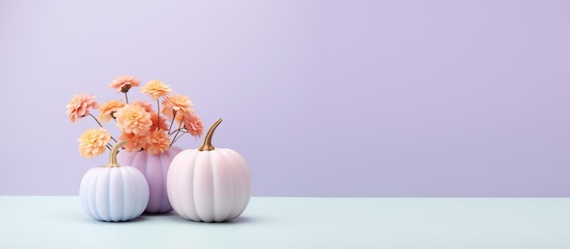 Bannière de fond d'Halloween à la mode avec des citrouilles pastel avec espace de copie Arrangement de décoration de vacances d'automne avec des citrouilles pastel et des fleurs