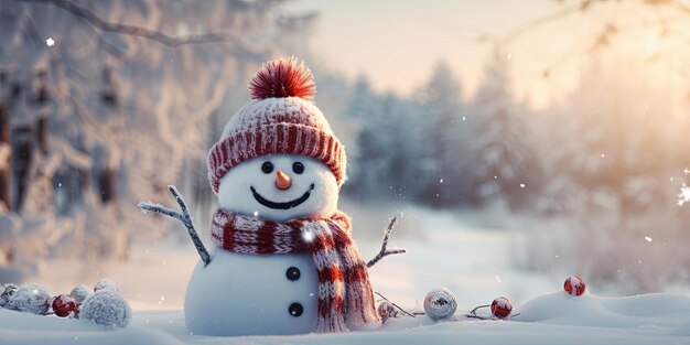 Photo bannière de fond de noël des vacances d'hiver close-up d'un mignon et drôle de rire homme de neige avec un chapeau de laine et un foulard sur la neige enneigée paysage de neige dans la forêt avec des sapins