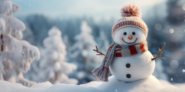 Bannière de fond de Noël des vacances d'hiver Close-up d'un mignon et drôle de rire homme de neige avec un chapeau de laine et un foulard sur la neige enneigée paysage de neige dans la forêt avec des sapins