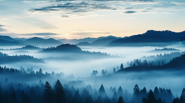 bannière de fond de panorama incroyable d'un paysage de brouillard