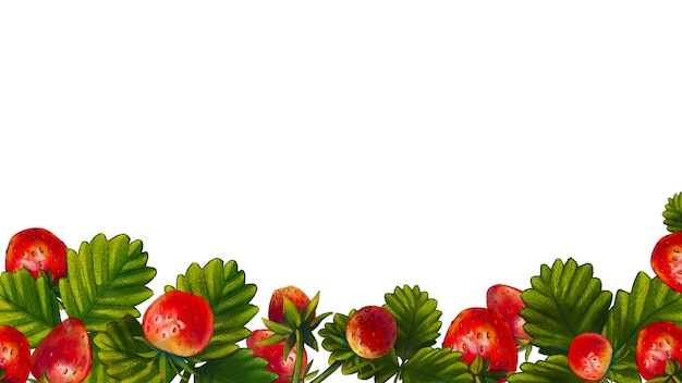Bannière avec des fraises rouges aquarelles et des feuilles sur fond blanc Illustration de baies d'été juteuses dessinées à la main Modèle botanique d'un cadre pour la conception de texte d'invitations de cartes postales