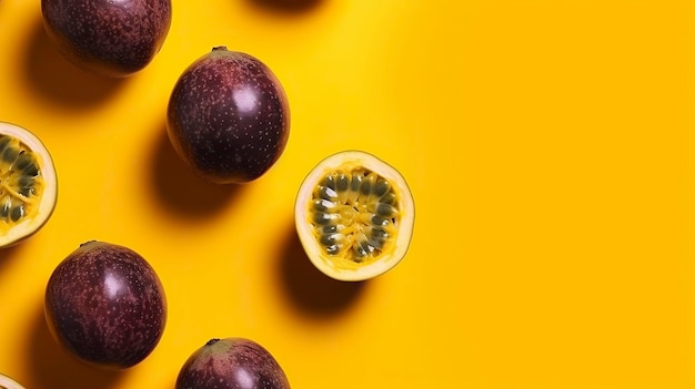 Bannière avec fruit de la passion Copie espace vue de dessus fond d'été AI générative