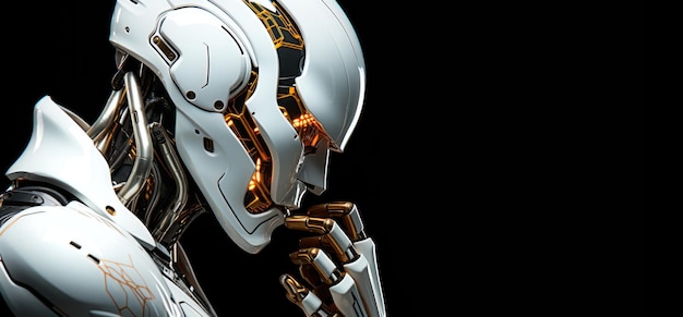 Photo bannière futuriste avec un robot cyborg mâle technologique sur un espace de copie de fond sombre