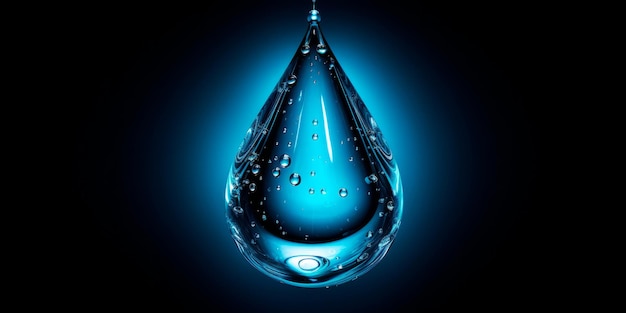 Bannière de goutte d'eau avec des bulles sur un fond bleu Macro