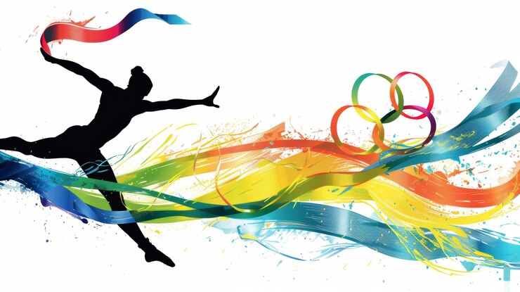 Photo bannière de gymnastique dynamique avec des rubans vibrants et des anneaux olympiques pour un design sportif inspirant