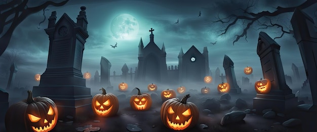 Bannière Halloween nuit fond citrouilles et château sombre avec pleine lune et chauves-souris de haute qualité