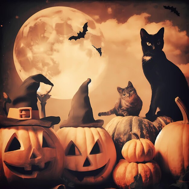 Photo bannière d'halloween vintage avec des chats