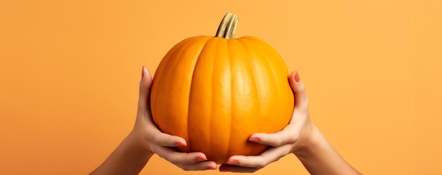 Bannière horizontale d'automne avec un fond orange avec des mains tenant une grande citrouille