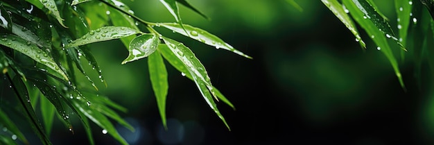 Bannière horizontale de branches de bambou avec des gouttes de pluie Place pour le texte Photo haute IA générative
