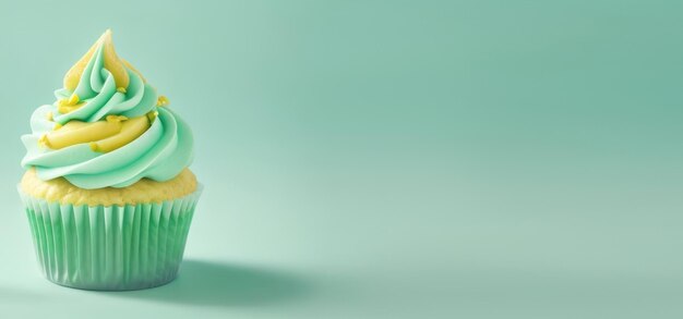 bannière horizontale cupcake à la vanille avec de la crème à la menthe et du citron gâteaux faits maison dessert aux agrumes place pour le texte fond à la menthe