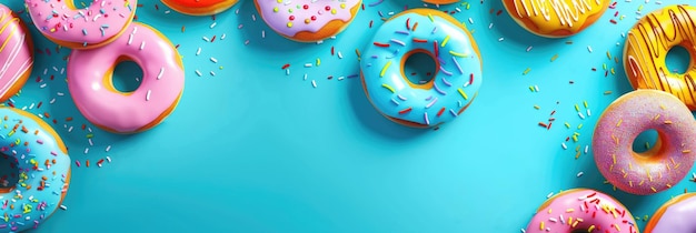bannière horizontale Journée nationale du donut un cadre de nombreux donuts colorés couverts de glaçage et de confetti fond bleu espace de copie espace libre pour le texte au centre