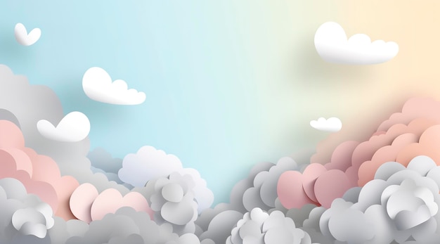 Bannière horizontale avec papier découpé nuages oeufs de lapin et coeurs fond de ciel bleu papier découpé artisanat Une place pour le texte Joyeuses Pâques modèle de concept de vente avec cadre carré générer ai