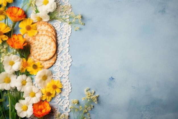 bannière horizontale Pâque juive gâteaux de matzo nourriture juive traditionnelle fleurs sauvages place pour le texte