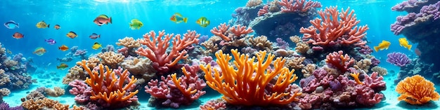 Bannière horizontale avec récif océanique avec coraux colorés poissons tropicaux et lumière du soleil traversant l'eau de mer Illustration de la beauté du monde sous-marin AI générative