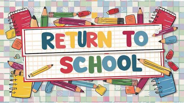 Photo bannière horizontale de retour à l'école avec un fond en papier à carreaux et des griffonnages à crayon éparpillés