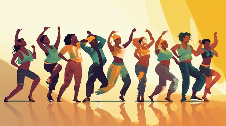Photo bannière illustrative de la journée internationale de la danse avec différents mouvements de danse sur fond blanc