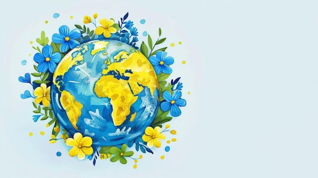 Bannière avec l'image du globe de la planète Terre entouré de fleurs jaunes et bleues