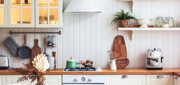 Bannière intérieure de cuisine scandi Le style intérieur est confortable et scandinave