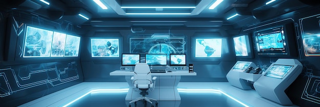 Bannière intérieure du centre de commande Salle 3d avec néon Concept Scifi avec écrans et espace de travail Future salle de surveillance