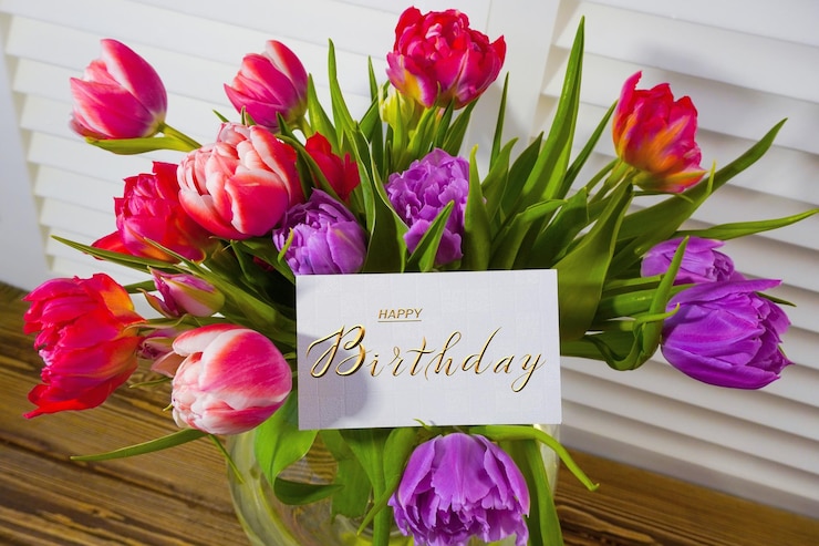 Photo bannière internet de carte postale avec une félicitations d'anniversaire avec l'inscription joyeux anniversaire un bouquet