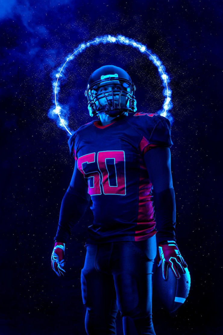 Photo bannière de joueur de football américain sur fond néon rouge modèle pour les publicités de bookmaker avec espace de copie mockup pour la publicité de paris paris sportifs paris de football paris de jeu bookmaker grosse victoire