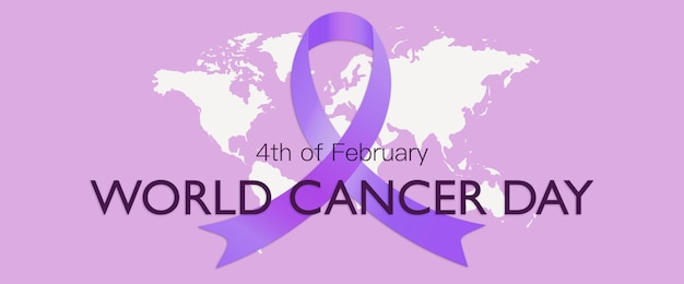 Bannière de la journée mondiale du cancer le 4 février sur plat violet avec carte du monde Illustration