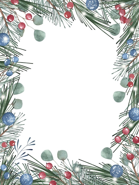 Bannière de joyeux Noël et feuilles vertes d'hiver fond d'illustration de baies bleues rouges d'eucalyptus