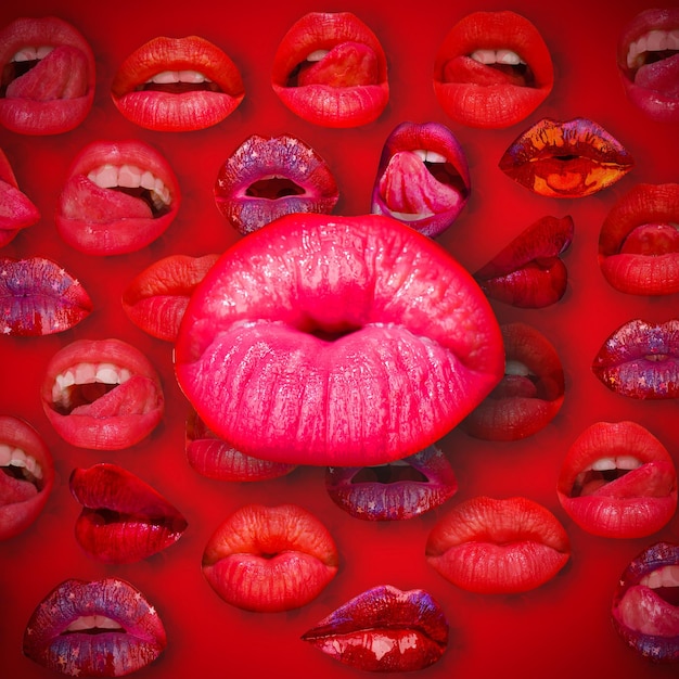 Bannière de lèvre sensuelle de lèvres sexy sur les lèvres de baiser rouge lèvres et bouche lèvre féminine en fond rouge lèvres de femme