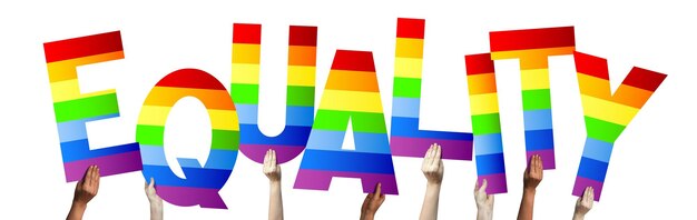 Bannière LGBT égalité mains humaines tenant des lettres colorées