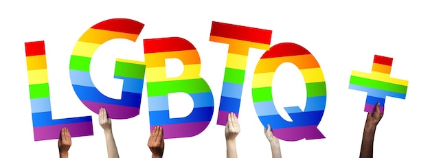 Bannière LGBTQ mains humaines tenant des lettres colorées