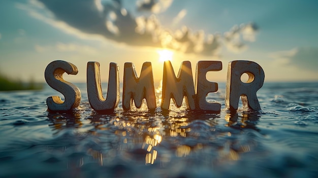 Bannière lumineuse avec le mot SUMMER Calligraphie décorée avec des équipements de plage Vacances d'été et temps