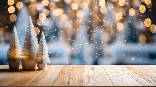 Bannière de maquette de Noël festive, dessus de table blanc vide avec décor de salon chaleureux et arrière-plan de vacances en neige