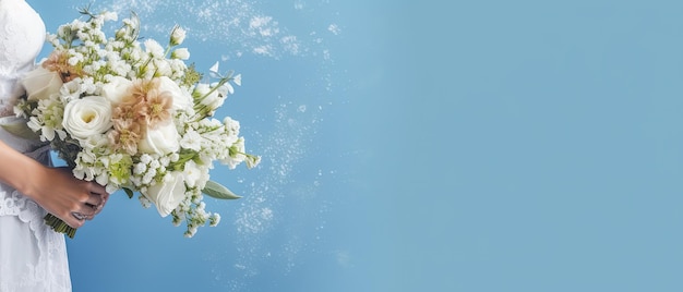 Bannière de mariage beau bouquet de mariage dans les mains de la mariée fond bleu