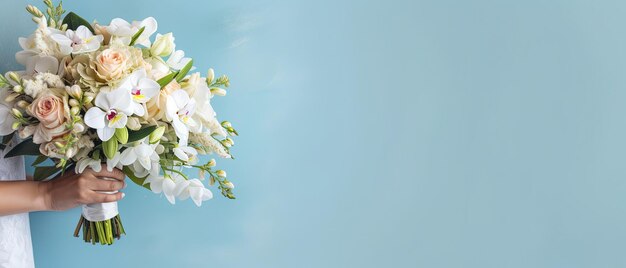 Bannière de mariage beau bouquet de mariage dans les mains de la mariée fond bleu