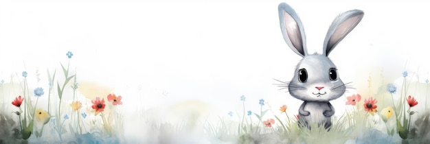 Une bannière avec un mignon lapin à l'aquarelle et des fleurs sauvages