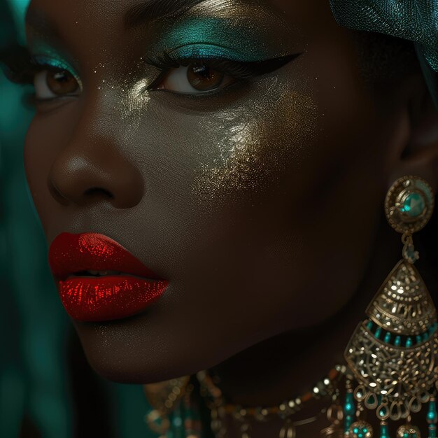 Bannière de la mode portrait de mannequin africaine femme de beauté avec maquillage doré