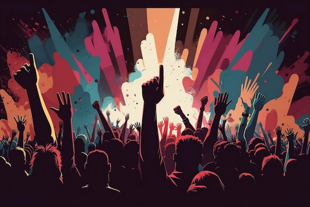 Une bannière montrant une foule les mains levées lors d'un festival de concerts Generative AI