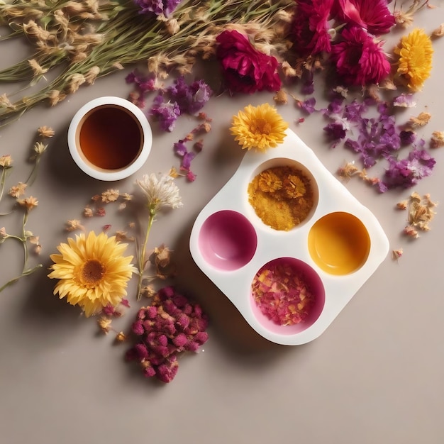 Bannière avec moule en silicone pour sachet d'arôme avec fleurs séchées avec de la cire de soja à couche plate espace de copie