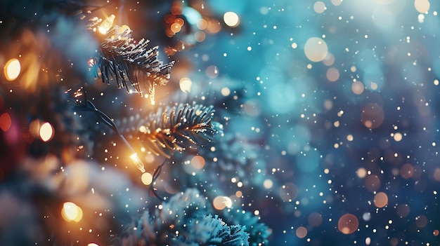 Bannière de Noël Arbre de Noël et lumières en gros plan vue de l'espace de copie Vœux de vacances d'hiver IA générative