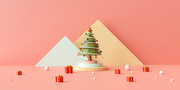 Bannière de Noël d'arbre de Noël sur podium avec boîte de cadeaux sur fond rose, rendu 3d